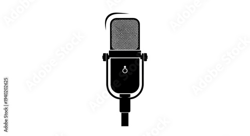 Black studio microphone with mesh grill and stand on white background for recording or podcasting