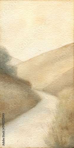 A watercolor painting of a landscape depicting rolling hills and a winding path