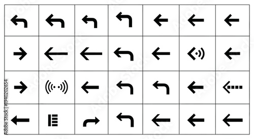 Collection of various black directional arrows on white background for navigation and design