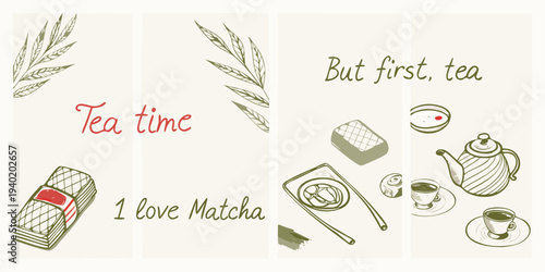 Stylized illustrations of tea pastries and related accessories