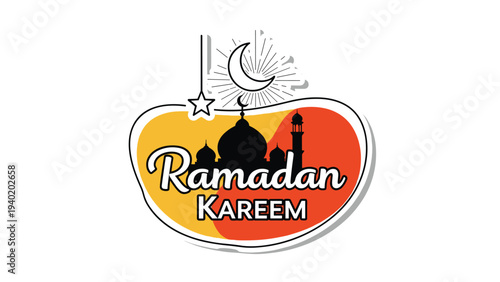 Colorful "Ramadan Kareem" sticker design, featuring a mosque silhouette, crescent moon, and star, perfect for Islamic holiday greetings.