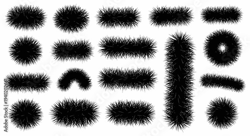 Collection of black fuzzy textures and hairy brush strokes on white background for graphic design