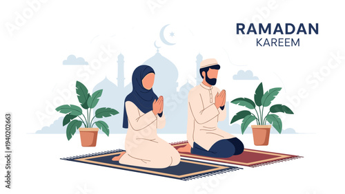 Muslim couple prays on prayer mats during Ramadan, with a mosque and crescent moon in the background, symbolizing devotion and spiritual practice.