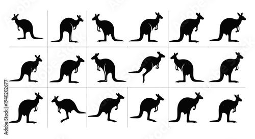 Collection of black kangaroo silhouettes in various poses on white background for design use