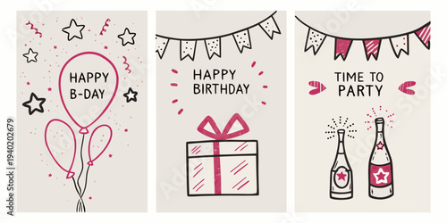 Three birthday themed instagram story templates with hand drawn illustrations