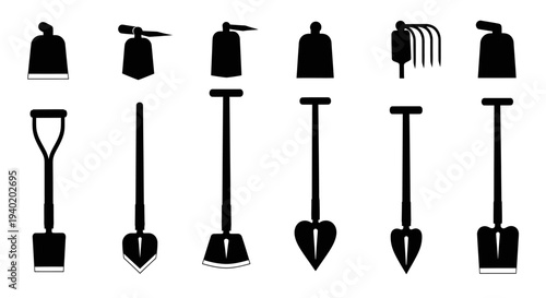 Collection of black silhouette gardening tools and equipment on white background for landscaping and yard work