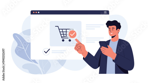 Man points at a shopping cart icon within a browser window while holding a smartphone, illustrating online shopping, e-commerce, and successful order confirmation.