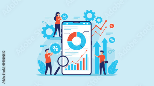 People analyze diverse data and charts on a large smartphone screen, symbolizing mobile data analytics, business intelligence, and financial reporting.