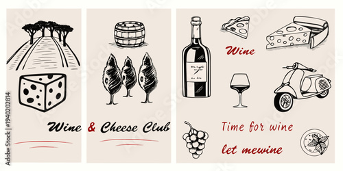 Vintage wine and cheese themed sketches arranged in vertical banner designs
