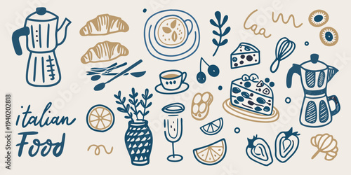 Hand drawn illustration of coffee pastries and other italian food items