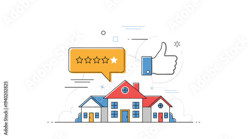 Houses with a star rating and a thumbs-up icon, symbolizing positive real estate reviews, home buying satisfaction, and property valuation.