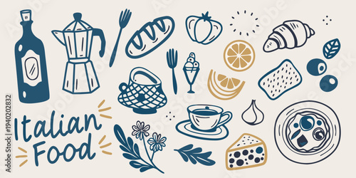 A colorful hand drawn illustration of various italian food items