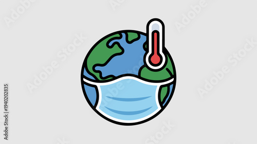 Earth globe wearing medical face mask with thermometer symbolizing global health crisis and pandemic prevention measures
