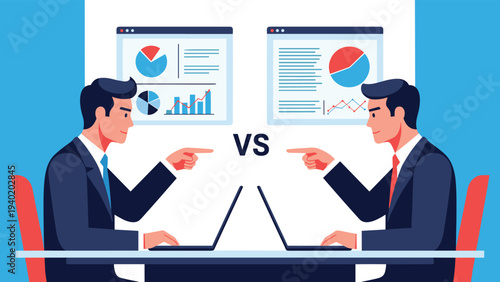 Two businessmen face each other with laptops, pointing and with "VS" between them, symbolizing business competition, comparison, and strategic rivalry.
