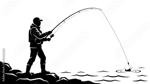 Man fishing on rocky shore with rod and reel
