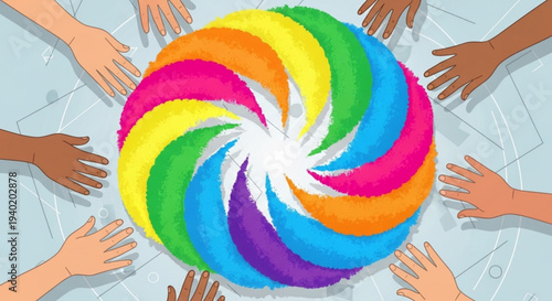 Diverse hands around a colorful swirling rainbow ball symbolizing unity diversity and teamwork in a vibrant illustration