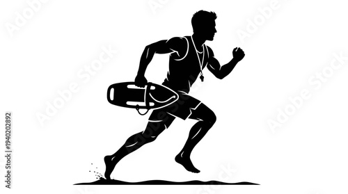Man running with surfboard in hand on sandy beach
