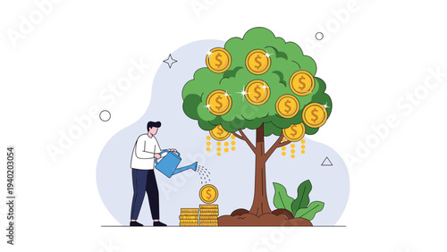 Man diligently waters a vibrant money tree bearing golden coins, symbolizing investment growth, financial nurturing, and wealth creation.