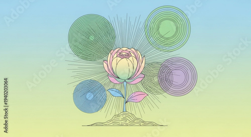 Vibrant flower with swirling patterns in background colorful illustration of blooming plant with leaves and petals