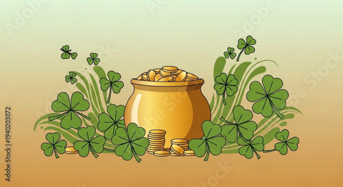 Golden pot of wealth with shamrocks and coins on earthy background for luck and prosperity concepts