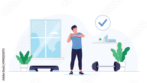 Man performs stretching exercises indoors, with fitness equipment and a window in the background, promoting home workouts and healthy routines.