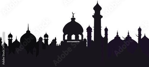 Illustration of silhouette of a mosque cityscape at dusk or night