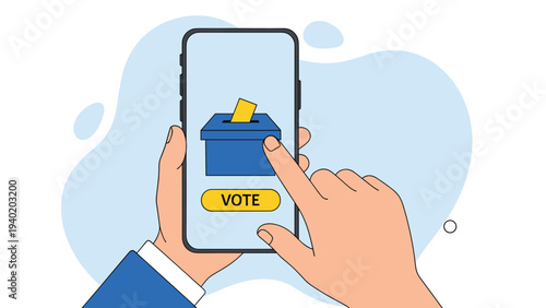 Hand taps a smartphone screen displaying a ballot box and a "Vote" button, illustrating online voting, digital democracy, and mobile participation.
