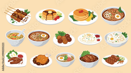 Extensive collection of various traditional Asian dishes, including noodles, rice, meat skewers, and pancakes, showcasing culinary diversity.