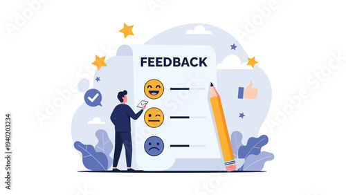 Man provides feedback with emoji reactions on a large form, accompanied by a giant pencil, symbolizing customer satisfaction and survey input.