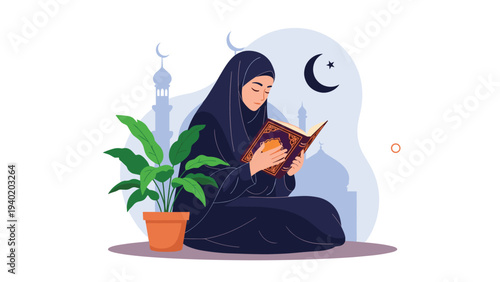 Serene Muslim woman in hijab devoutly reads the Quran, with a mosque and crescent moon in the background, symbolizing spiritual practice and contemplation.