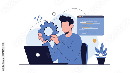 Dedicated software developer working on a laptop, holding a large gear while coding, representing web development, programming, and system configuration.