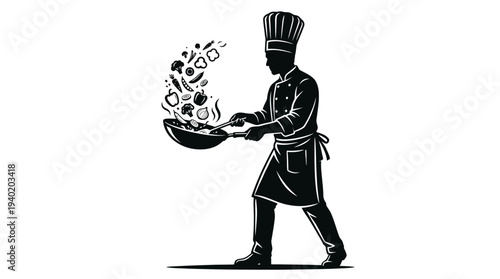 Chef expertly cooking with fresh vegetables in a frying pan