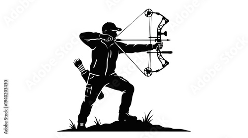 Man aiming bow and arrow in dynamic stance outdoors