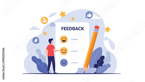 Man providing feedback on a large document displaying emoji ratings, emphasizing customer satisfaction, survey results, and user experience.