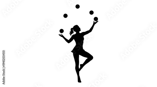 Woman juggling balls in dynamic silhouette pose
