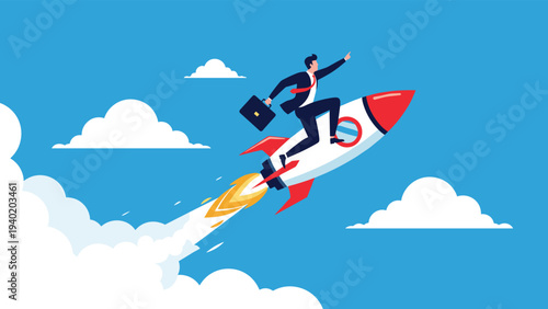 Determined businessman in a suit riding a powerful rocket soaring through the blue sky with clouds, symbolizing rapid startup success and business growth.