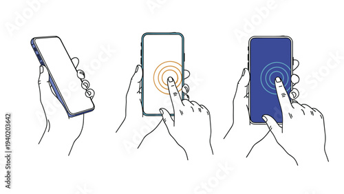Three distinct illustrations showing hands holding a smartphone and interacting with its touchscreen, representing mobile technology use and gestures.