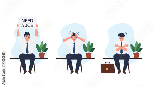 Three illustrations depicting a man looking for a job and expressing feelings of stress, worry, and unemployment, reflecting job search challenges.