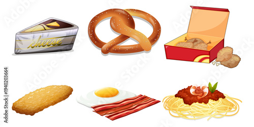 Delicious Food Items Vector Set with Pretzel, Fried Chicken, Spaghetti, Hash Brown, Bacon, and Cake Slice for Restaurant Menus and Culinary Designs