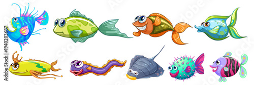 Set of 10 colorful cartoon sea creatures and fish vector illustrations, including pufferfish, stingray, and various tropical fish designs for children's books or aquatic themes