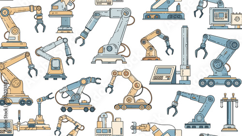 Intricate seamless pattern featuring various industrial robotic arms and machinery, representing automation, manufacturing, and advanced engineering technologies.
