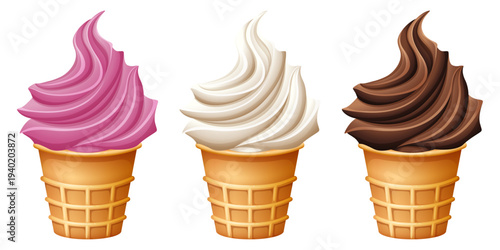 Set of 3 Soft Serve Ice Cream Cones Vector Illustration with Strawberry, Vanilla, and Chocolate Flavors on Waffle Cones