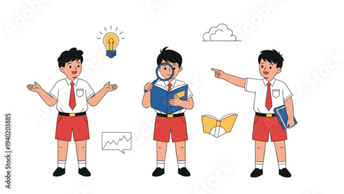 Three dynamic illustrations of schoolboys engaged in various learning activities, including reading, thinking, and pointing, symbolizing education and discovery.