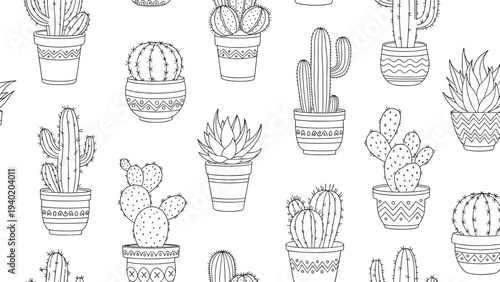 Detailed seamless pattern featuring a diverse array of potted cacti and succulents, showcasing desert plants and botanical illustration styles.