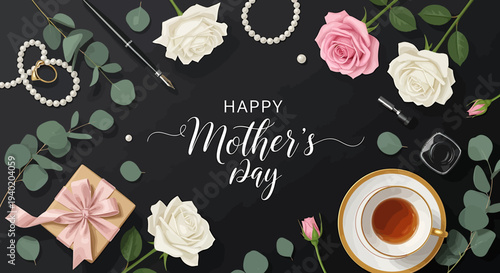 Elegant Mother's Day flat lay with beautiful roses, sparkling pearls, a lovely gift, and a warm tea set, symbolizing love and appreciation for mothers