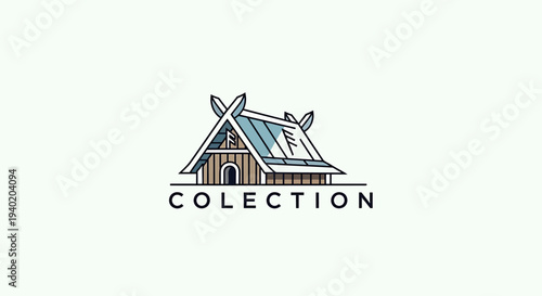 Modern minimalist line art illustration of a traditional Nordic dwelling, showcasing intricate roof details and a warm wooden facade, evoking heritage and timeless design
