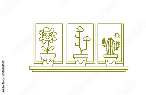 Window Sill with Smiley Pot Silhouette, Funny Home Decor Vector Sticker, Whimsical Flower and Happy Aesthetic Illustration