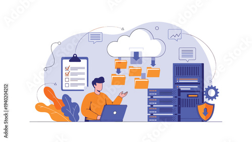 Man managing cloud data storage and server racks with a laptop, highlighting secure data management, cybersecurity, and information technology solutions.
