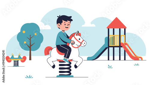 Happy little boy joyfully playing on a spring rider horse in a colorful playground, symbolizing childhood fun, outdoor activities, and recreation.