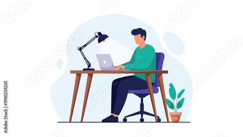 Focused man diligently working on a laptop at a modern desk, illuminated by a lamp and accompanied by a plant, symbolizing productivity and home office.